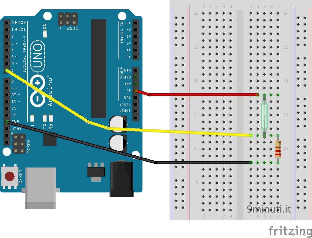 Il circuito, Arduino, interruttore reed e resistenza